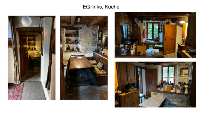 Helle Küche mit Holzdetails und Essbereich, Blick ins Wohnzimmer und Flur.