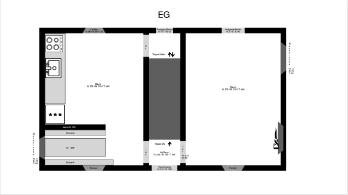 Grundriss einer Wohnung mit Küche, Wohnbereich und zwei Räumen.