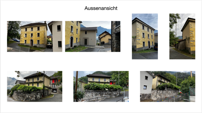 Mehrere Ansichten eines gelben und grauen Gebäudes mit umgebendem Vegetation.