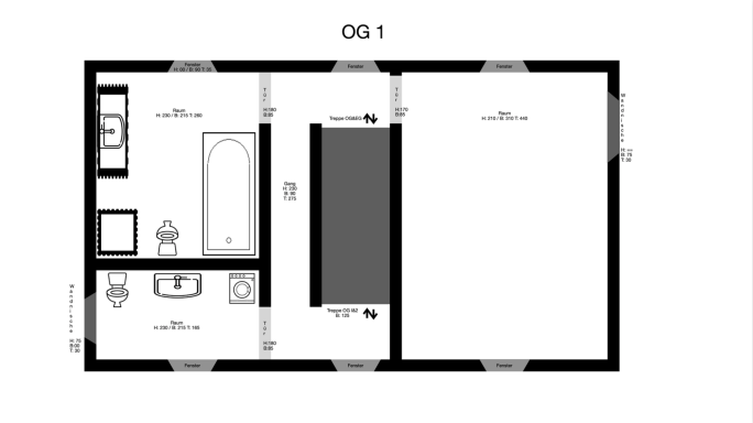 Grundriss OG I
 - Schlafzimmer, Bad und WC.